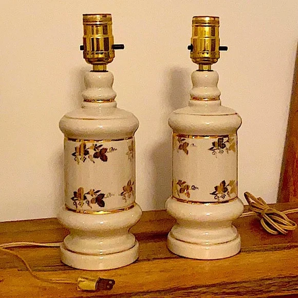 Two Antique Ivory Lamps with Gold Design - Picture 1 of 8